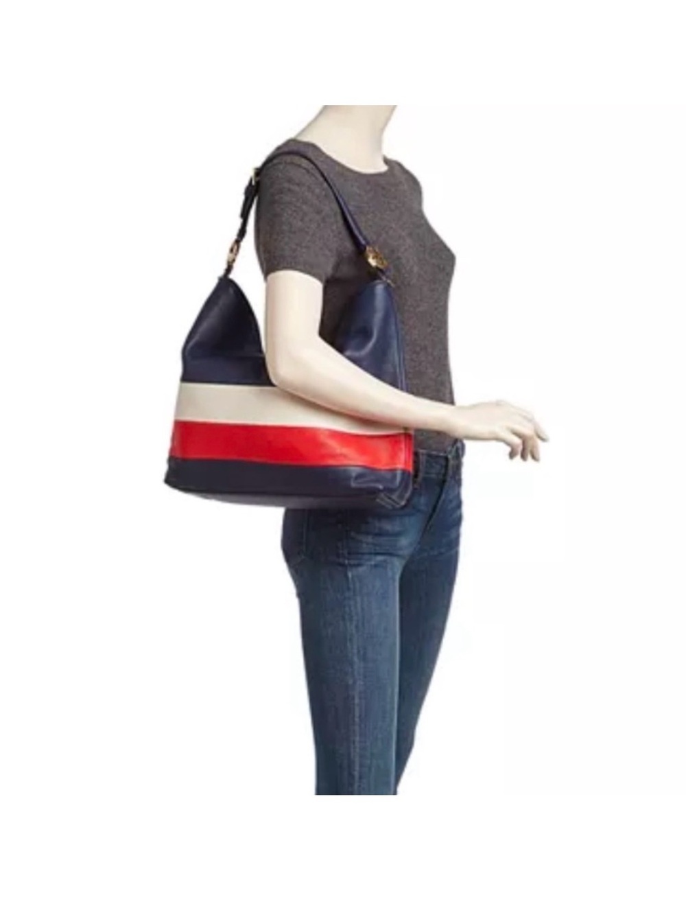 Tory Burch Navy White Red Stripe Leather Hobo Bag - Picture 3 of 13